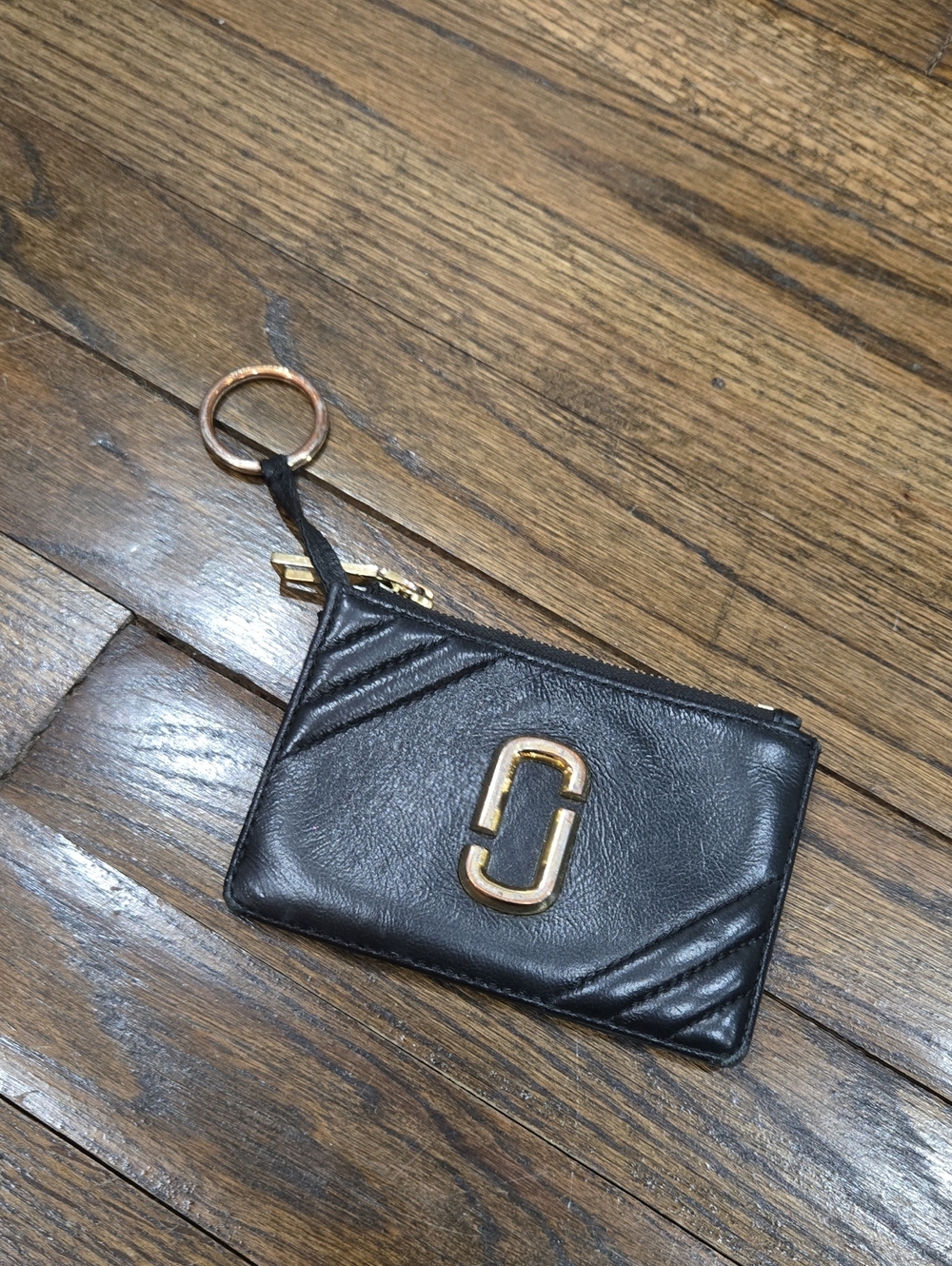 Marc Jacobs Black Leather Quilted Zip Key Pouch Card Coin Case